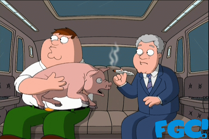Peter with Bill Clinton stoned with a pig