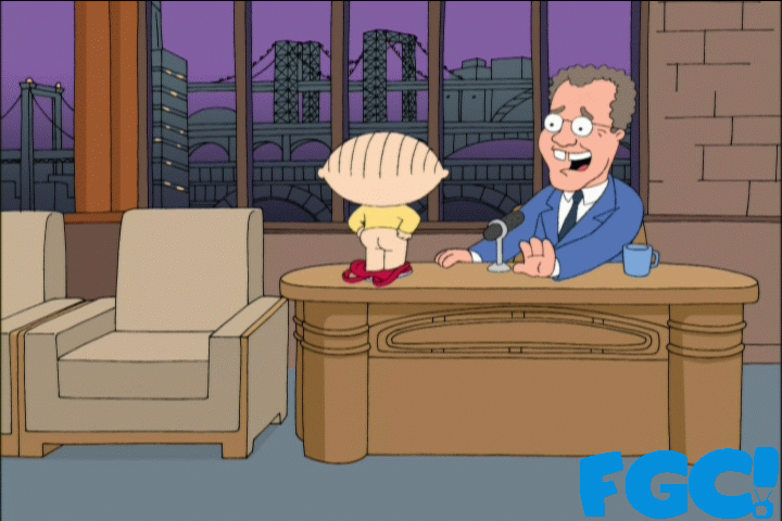Stewie Griffin flashing David Letterman as seen on Family Guy